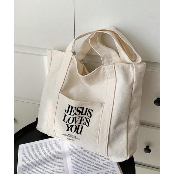 New white “Jesus Loves you” canvas bag - Picture 1 of 2
